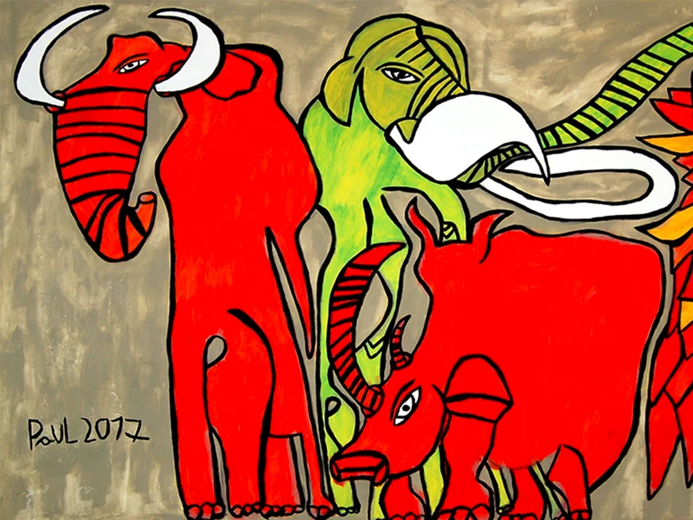 Elefanten und Nashörner in rot