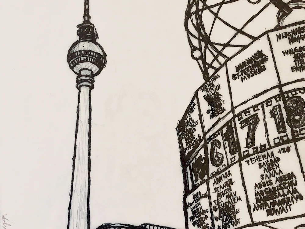 Druckgrafik von Blumenfisch Atelier Berlin Fernsehtum